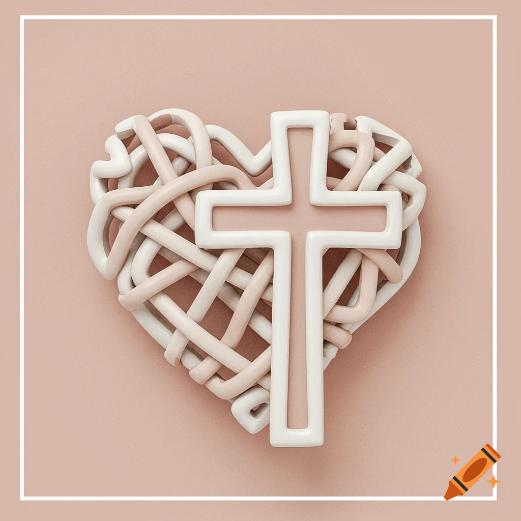 3D render of a heart made of interwoven pink and white shapes with a white cross on top against a pink background.