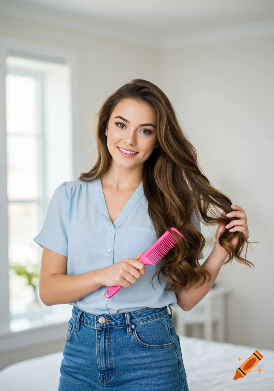 Young woman with long brown hair holding a pink comb and smiling.
