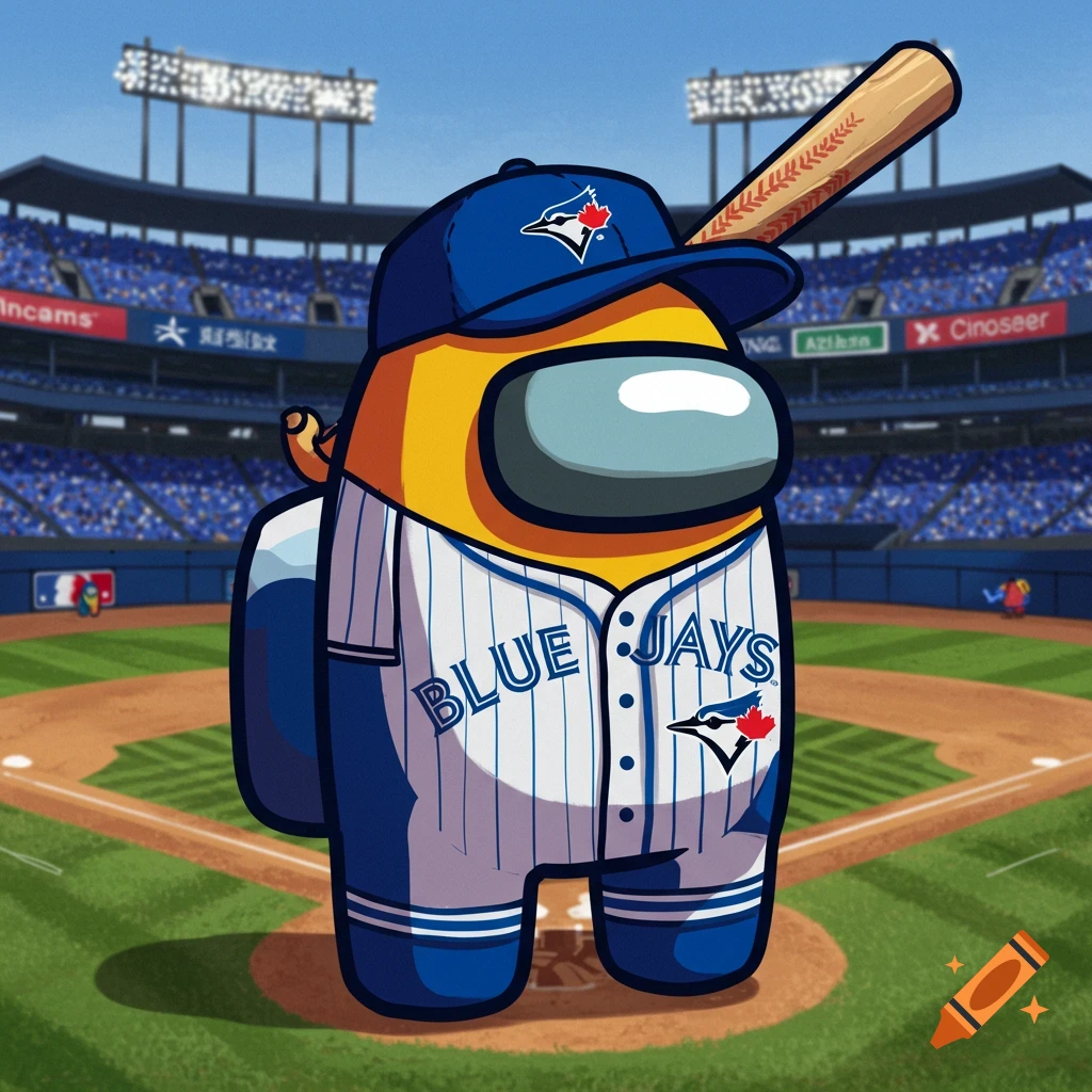 An Among Us character wearing a Blue Jays baseball uniform and cap, holding a bat, standing on a baseball field.