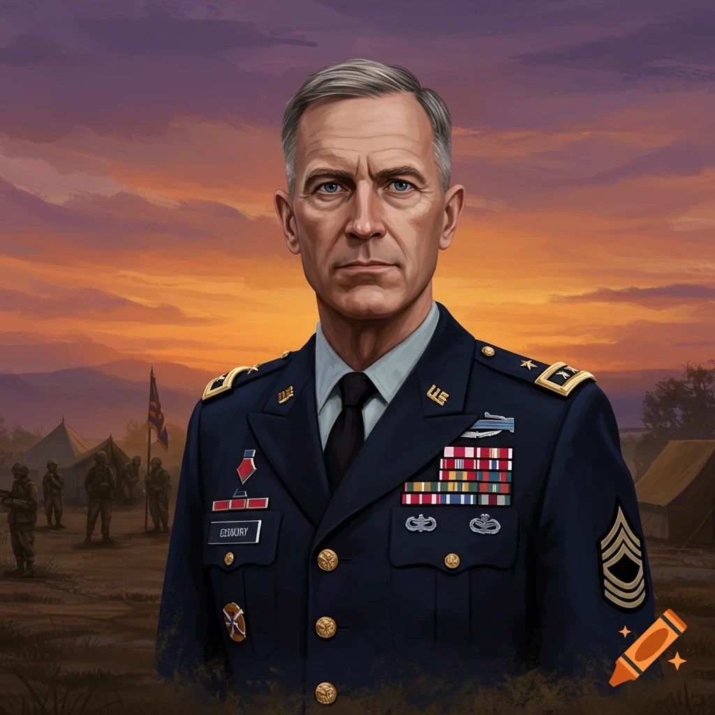 An Army general in uniform in a military camp at sunset.