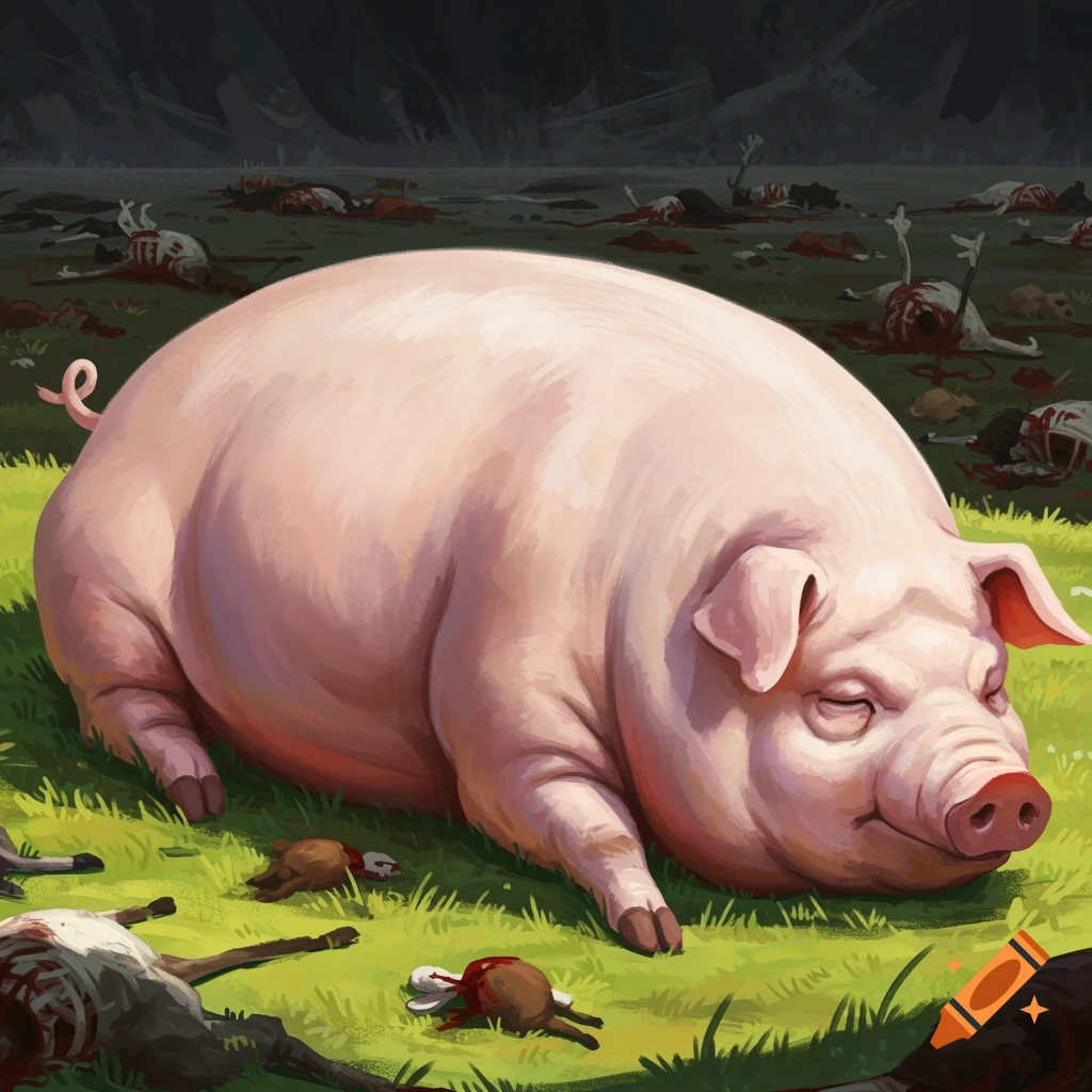 A large pink pig sleeps peacefully in a field scattered with the bodies of dead animals.