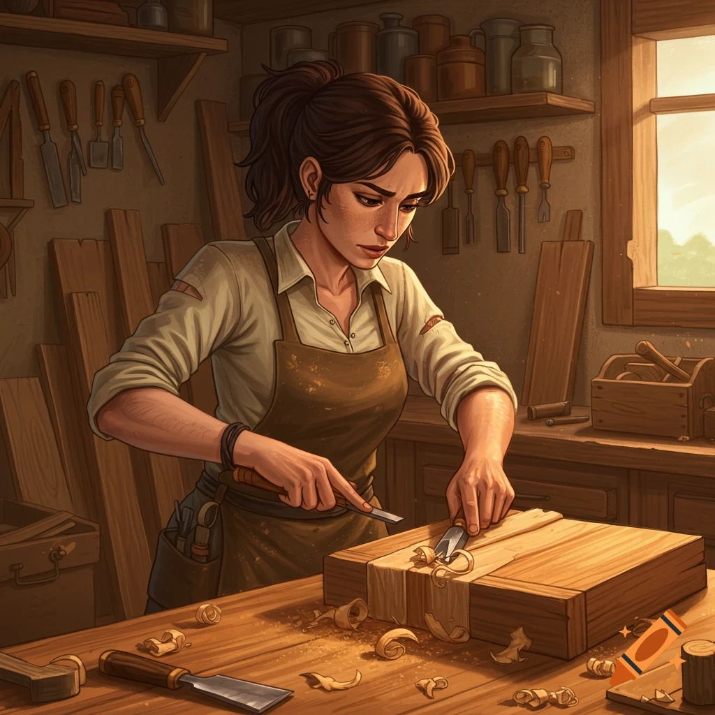 A woman carpenter working with wood and tools in a workshop.