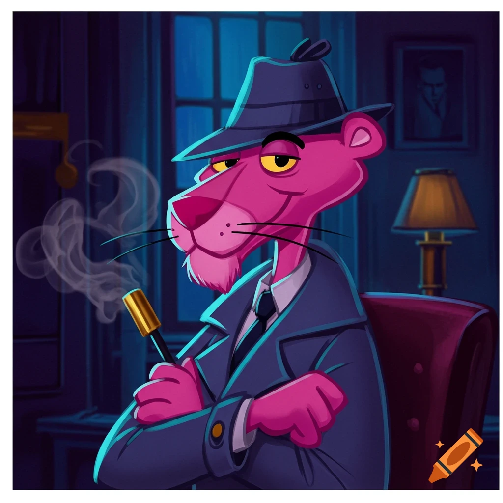 The Pink Panther is dressed as a detective, wearing a coat and hat, holding a pipe in a dark room.
