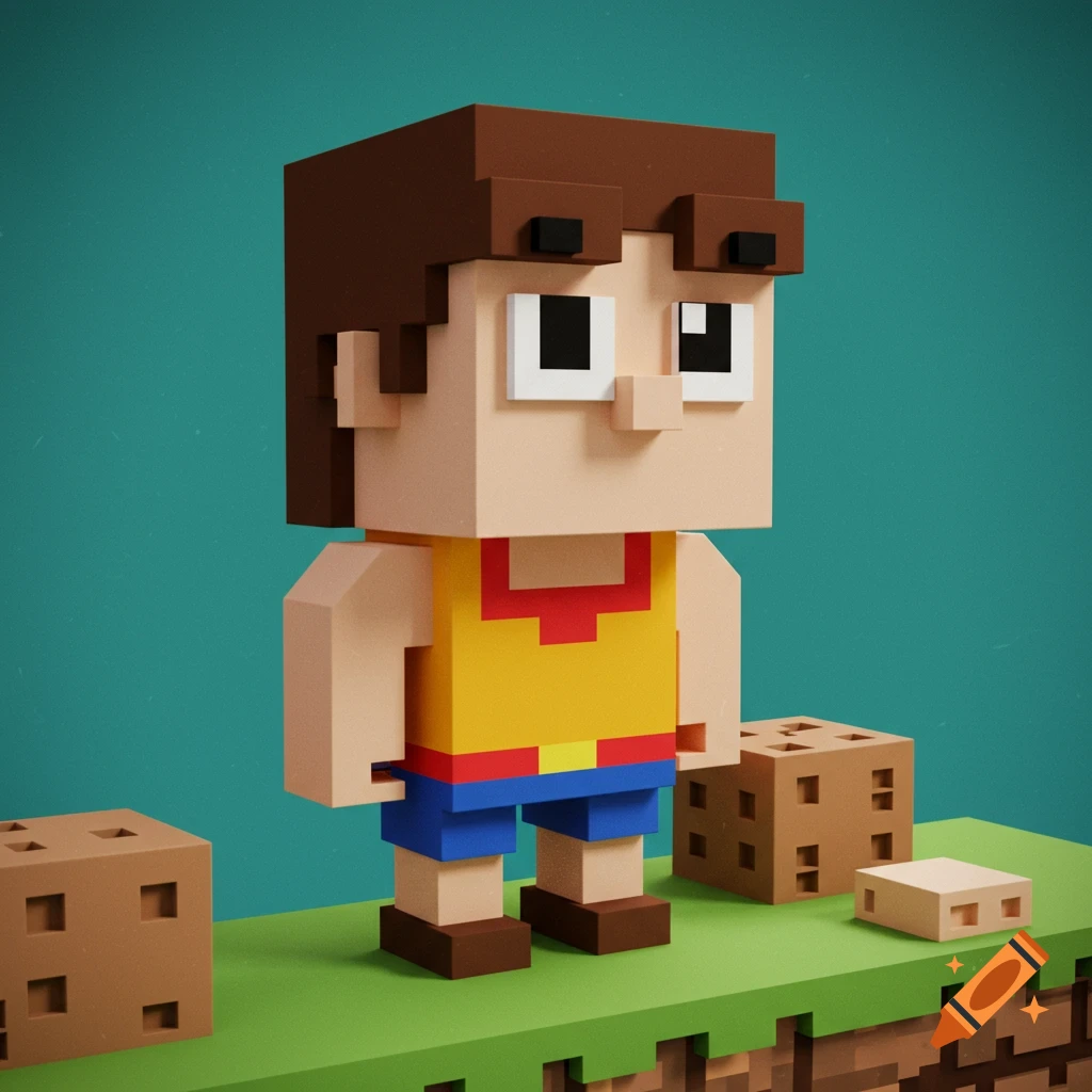 A blocky voxel art game character stands on pixelated ground with blocky cubes around it.