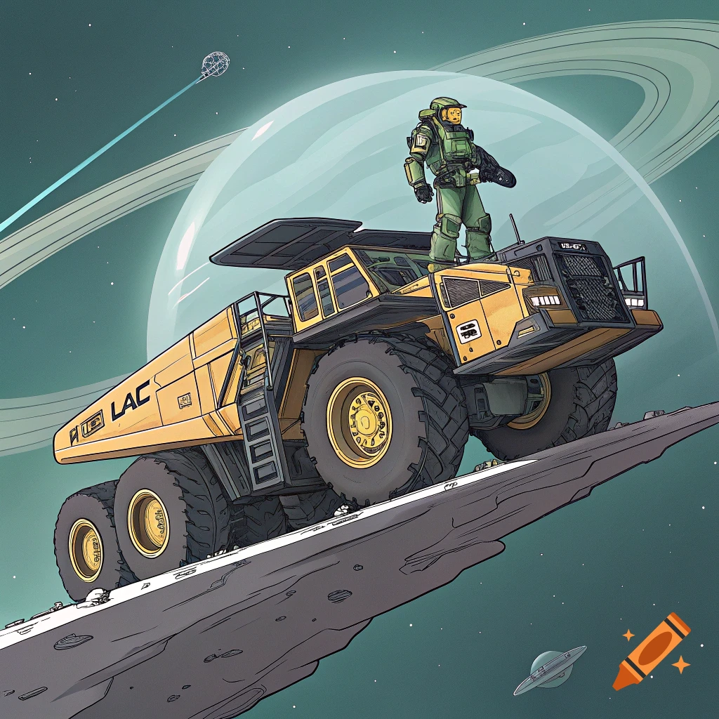 Illustration of Master Chief standing on a flying yellow dump truck in space near a ringed planet.