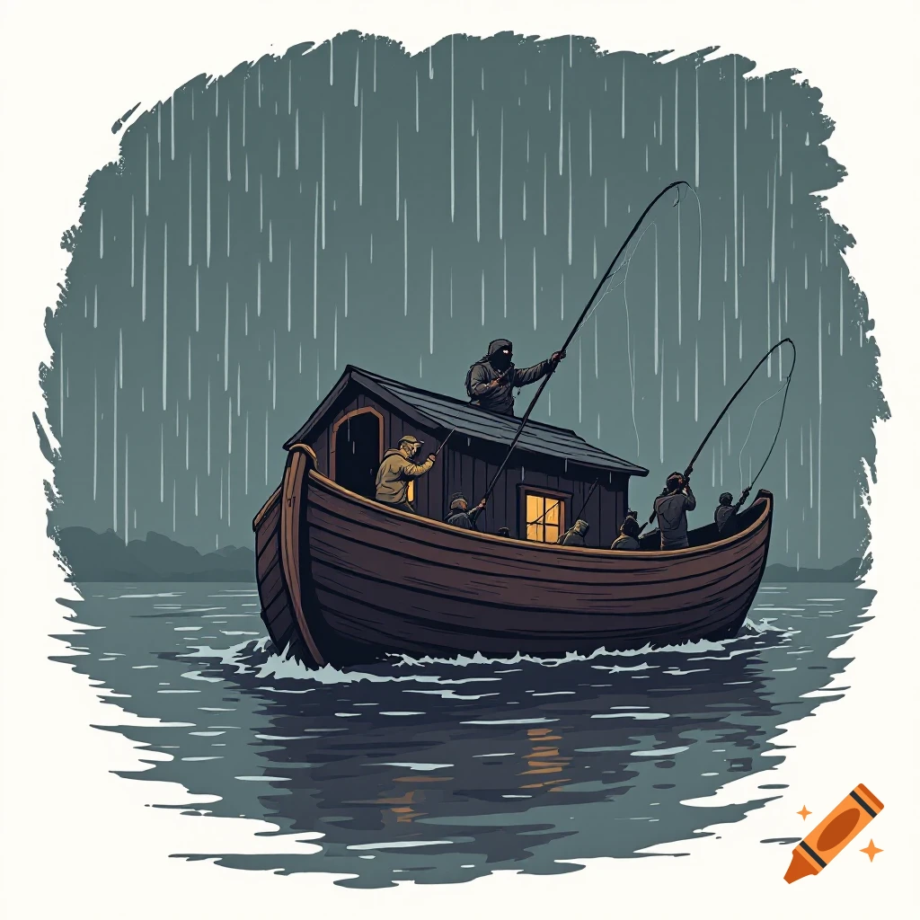 Illustration of people fishing from a large boat in heavy rain