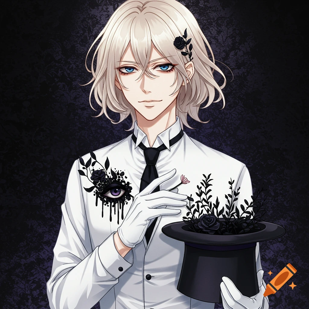 Handsome anime man in white shirt holds a top hat filled with black roses.