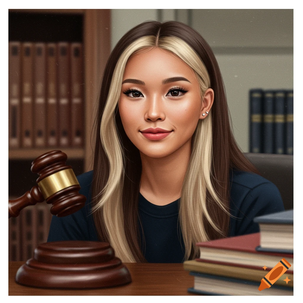 A young Asian woman with highlighted hair smiles in a legal setting with a gavel and books.
