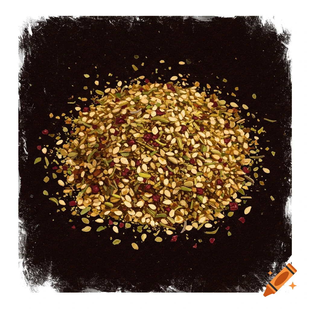 Pile of zaatar spices on a dark background with a distressed border.
