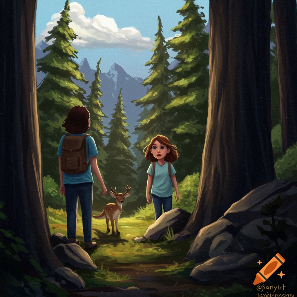 two children and a deer standing on a path in a sunlit forest.