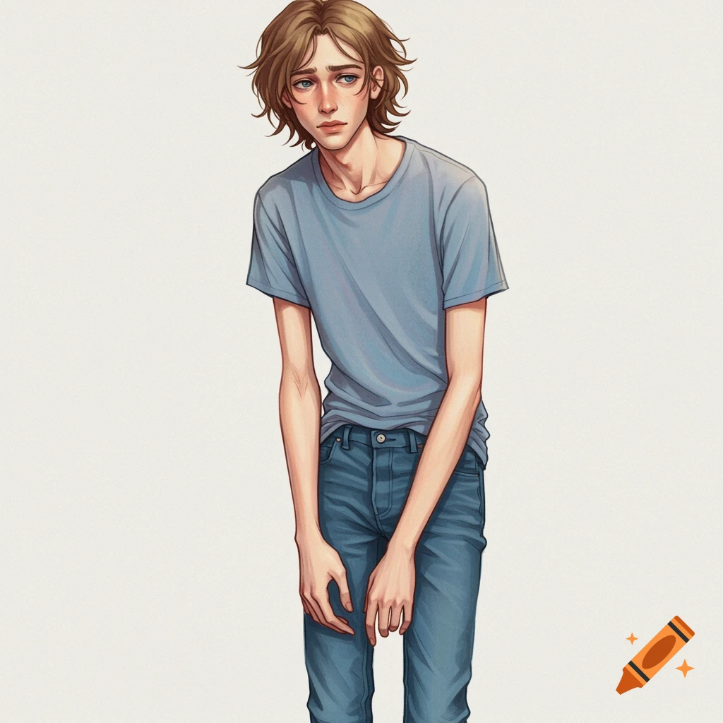 Illustration of a slender young man in blue t-shirt and jeans standing against a light background.
