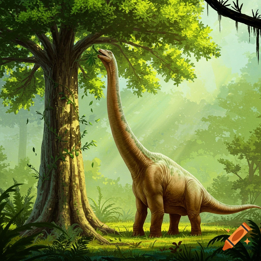 Brachiosaurus eating leaves from a tree in a sunlit forest.