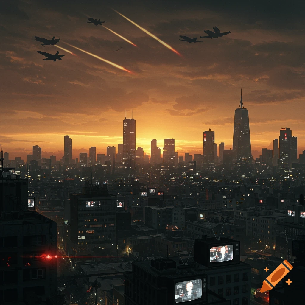 Jets fire missiles over a futuristic city at sunset, with old TVs on rooftops.