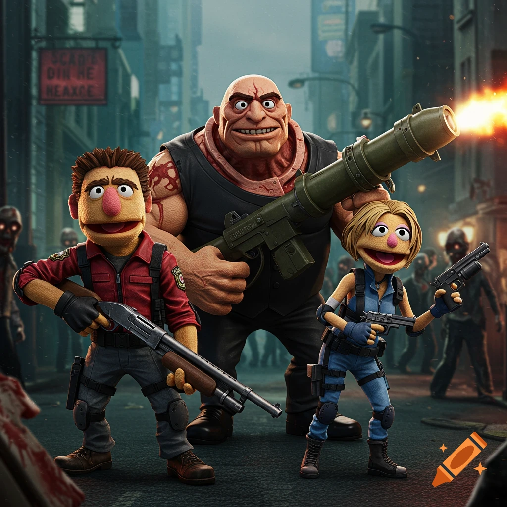 Muppet-style characters with weapons stand on a street filled with zombies.