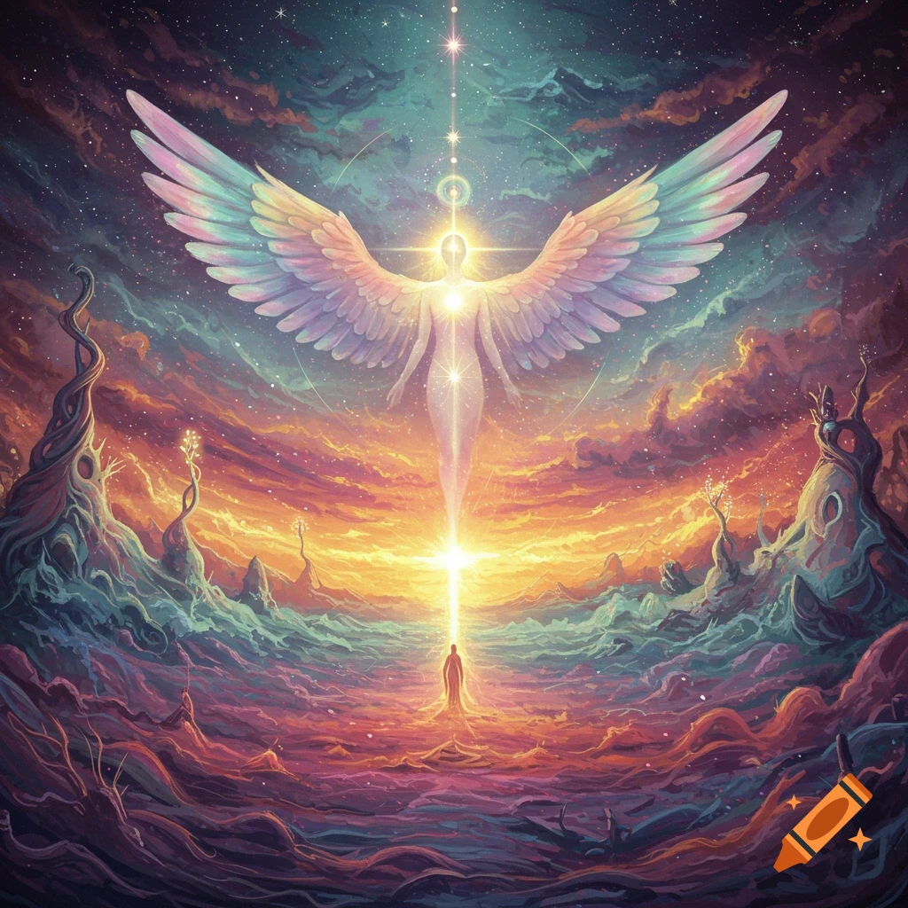 A glowing angelic figure with large wings is depicted in a cosmic landscape.