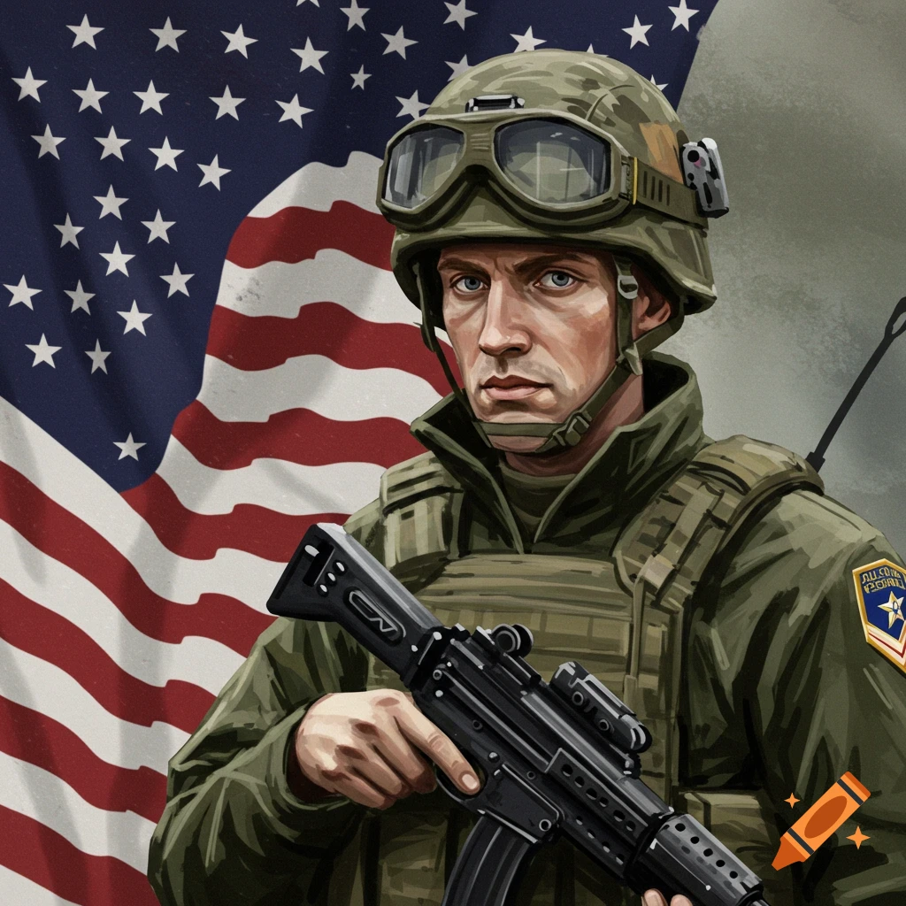 A soldier in uniform is holding a rifle in front of a waving US flag.