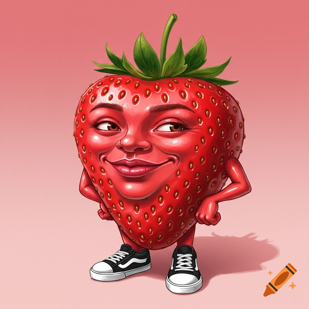 An anthropomorphic strawberry character with a human face, arms, legs, and shoes.