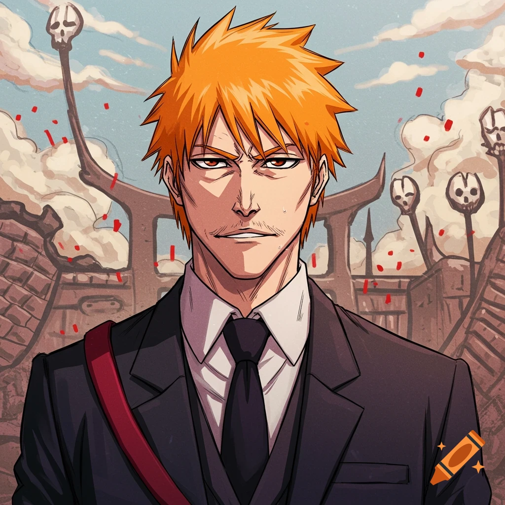 Anime illustration of a man with orange hair and a mustache in a suit, standing before skull-topped poles and debris.