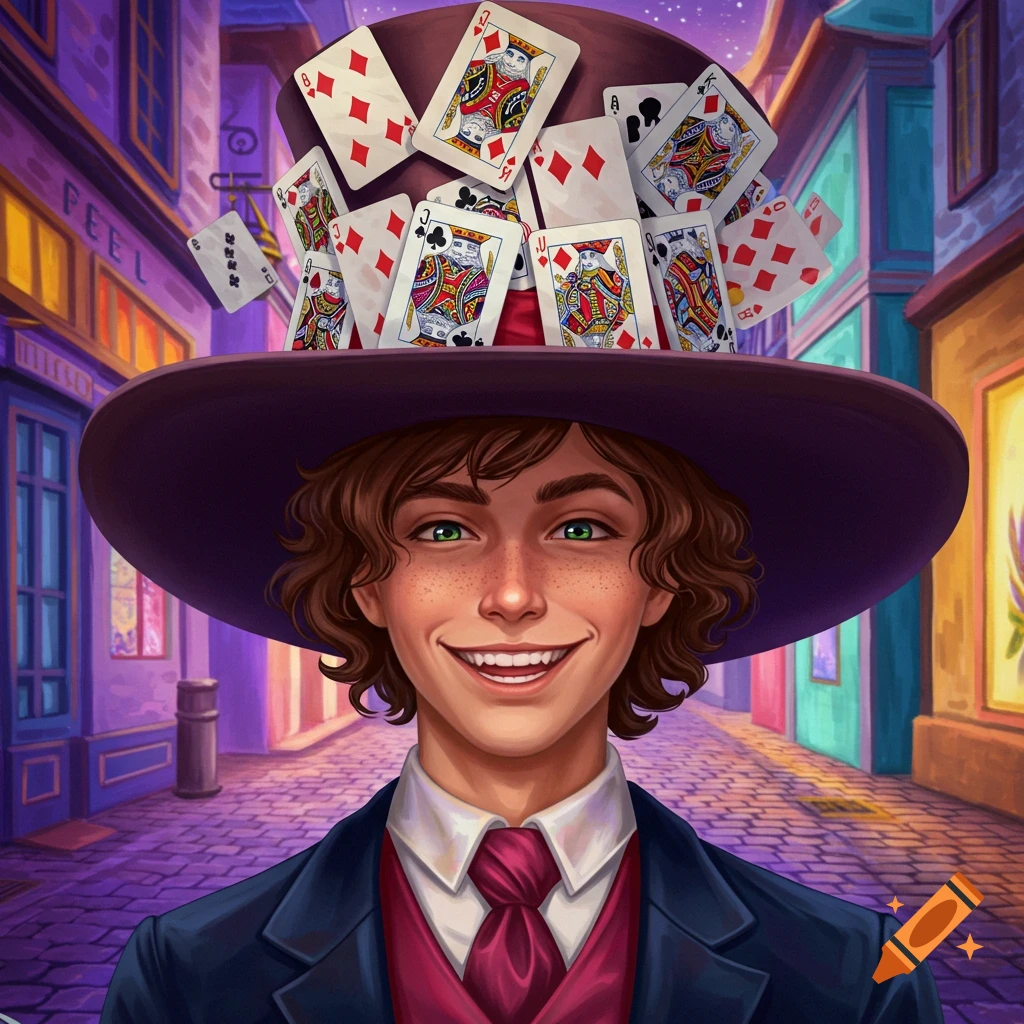 A young man with green eyes and freckles wearing a suit and large hat with playing cards, standing on a street.