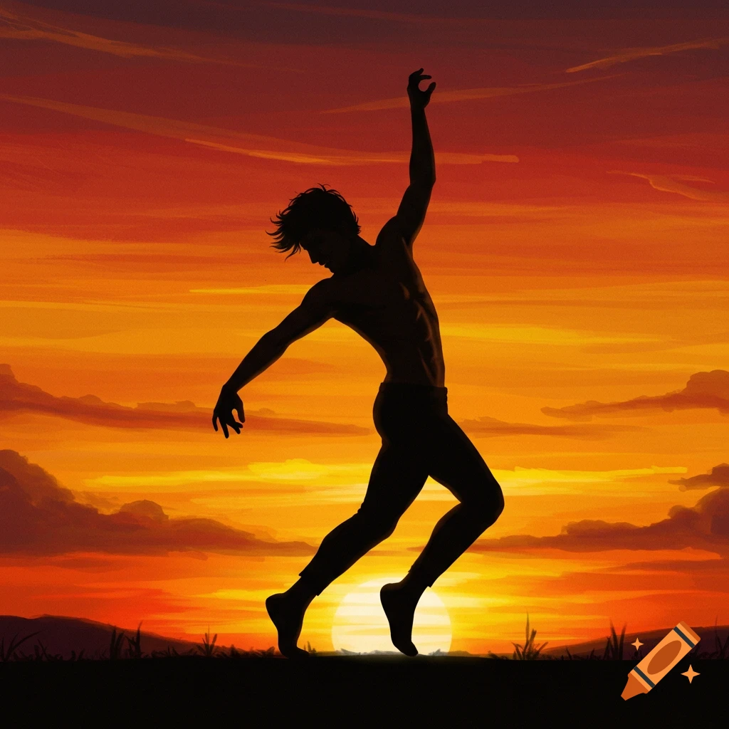 Silhouette of a person dancing against a dramatic orange sunset.