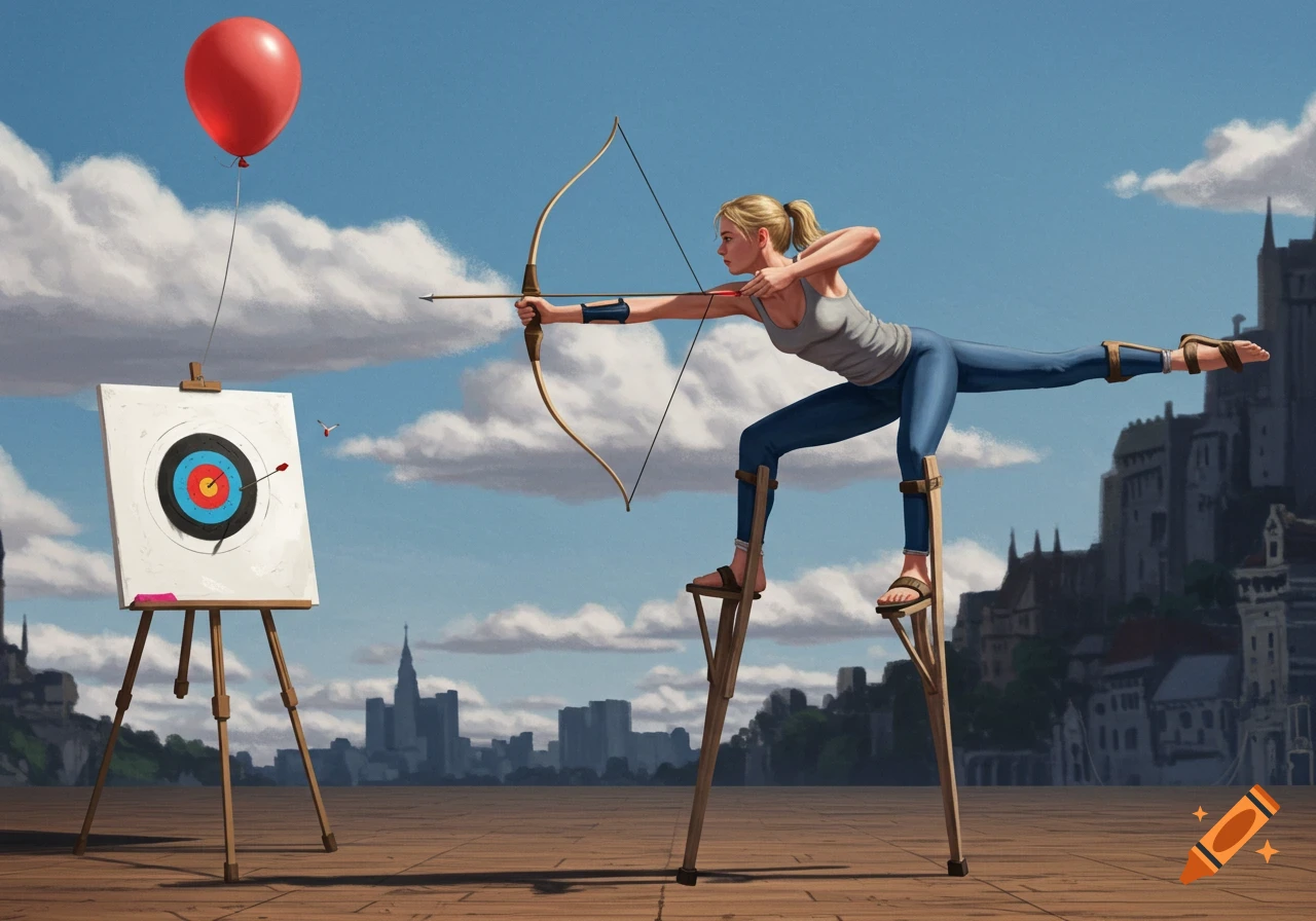 A woman archer on stilts aims at a target with a balloon, in a city landscape.