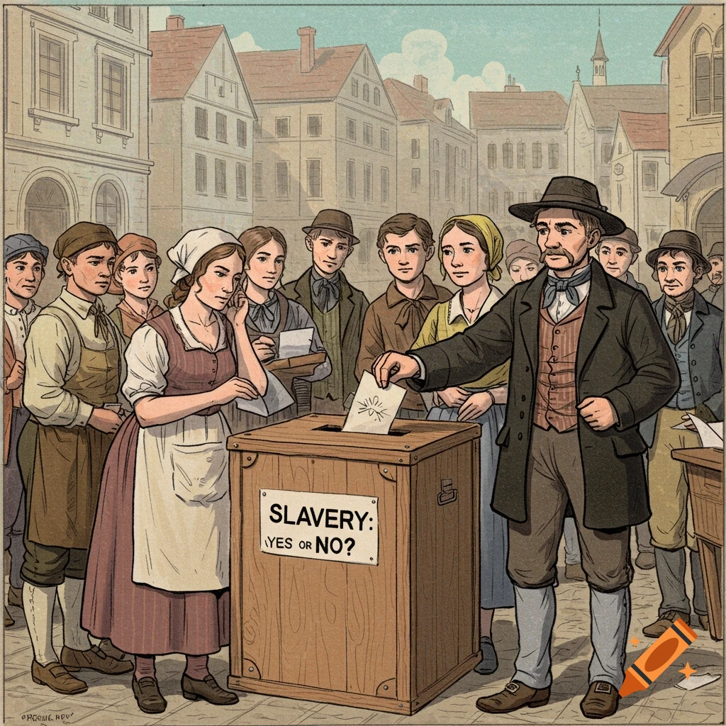 Historical illustration of people voting at a ballot box labeled 'Slavery: Yes or No?' in a town square.