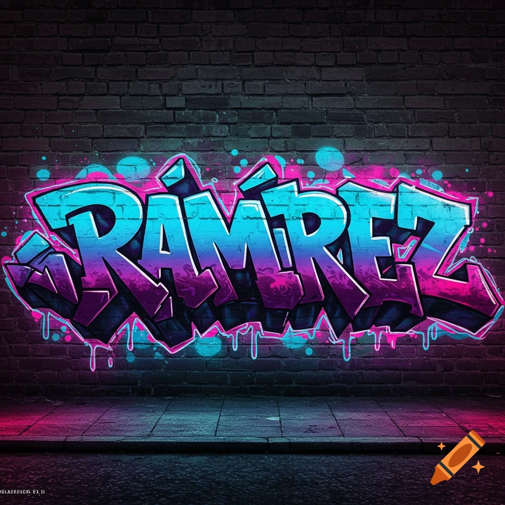 Colorful graffiti art of the name RAMIREZ on a brick wall
