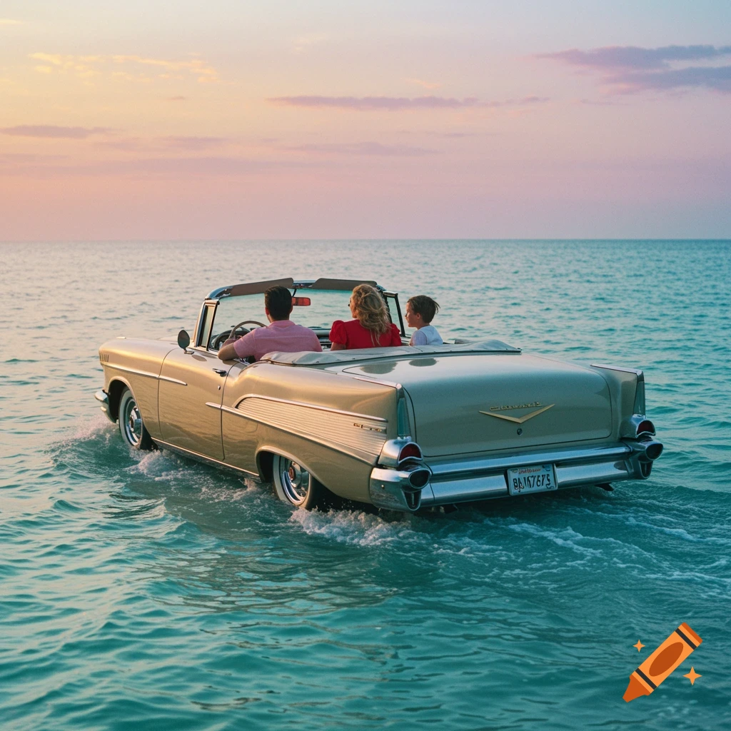 Family in classic car driving through water at sunset.