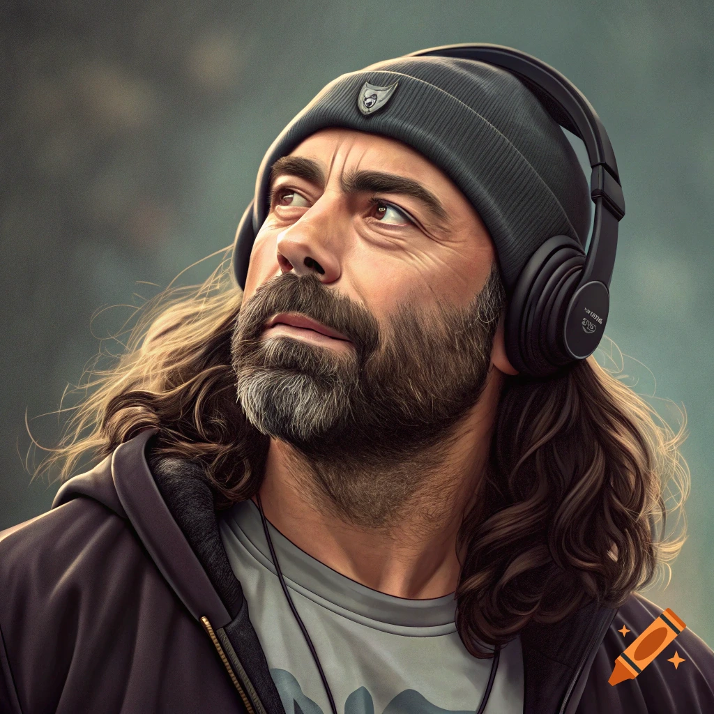 Photorealistic portrait of a man wearing headphones and a beanie, looking up.