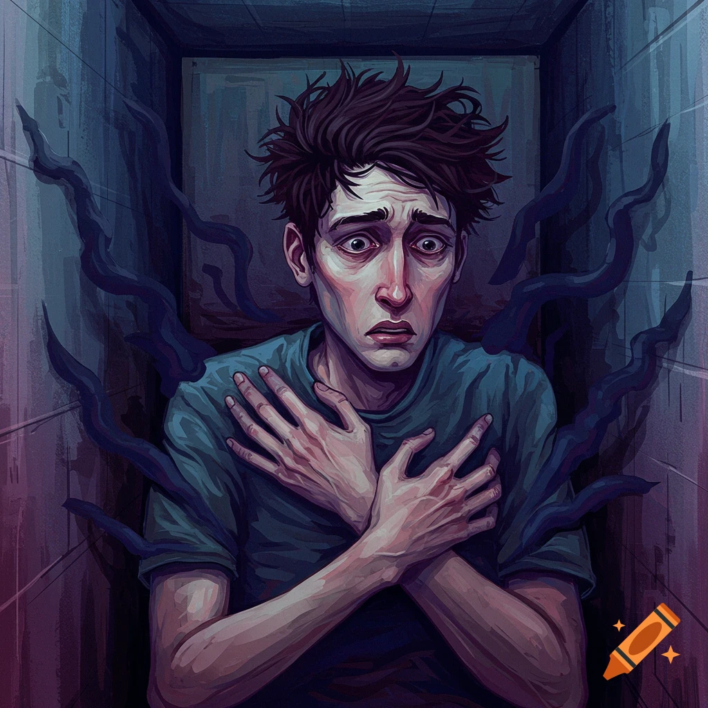 A person looking scared and anxious, surrounded by dark tendrils.