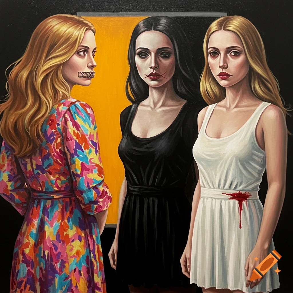 Acrylic painting of three women; one with mouth taped, one with mouth cuts, one with blood on dress.