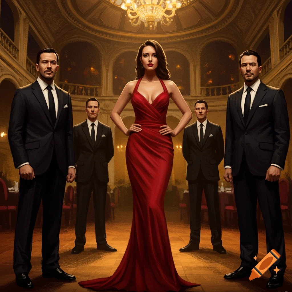 A woman in a red dress standing with three men in suits in a grand hall.