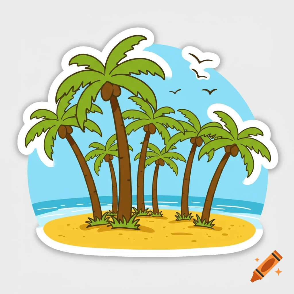 Cartoon sticker illustration of palm trees on a sandy beach with the ocean and birds.