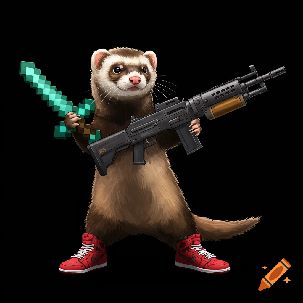A ferret holds a pixelated sword and a machine gun while wearing red high-top sneakers.