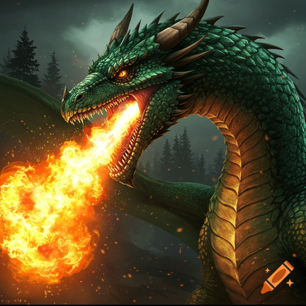A green dragon breathes fire in a forest setting.