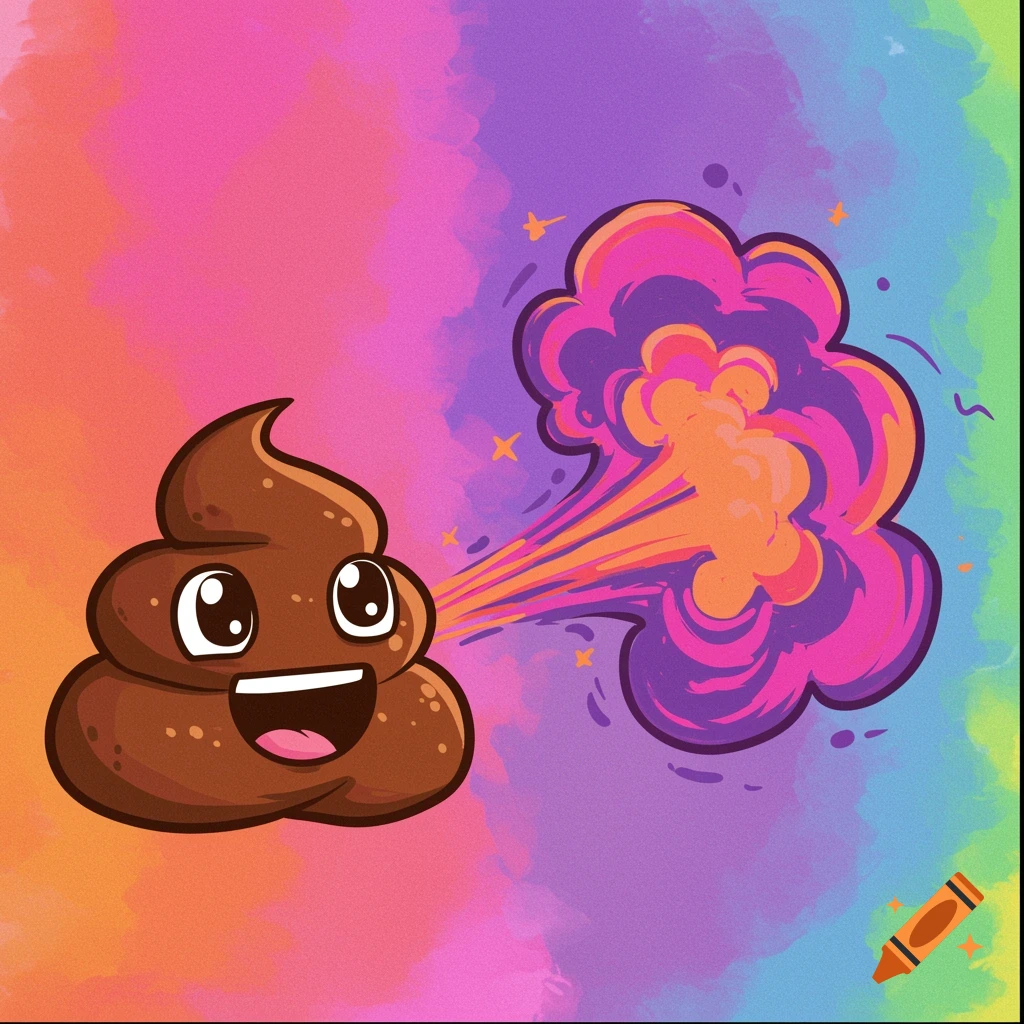 A smiling cartoon poop character emitting a colorful fart against a rainbow background.