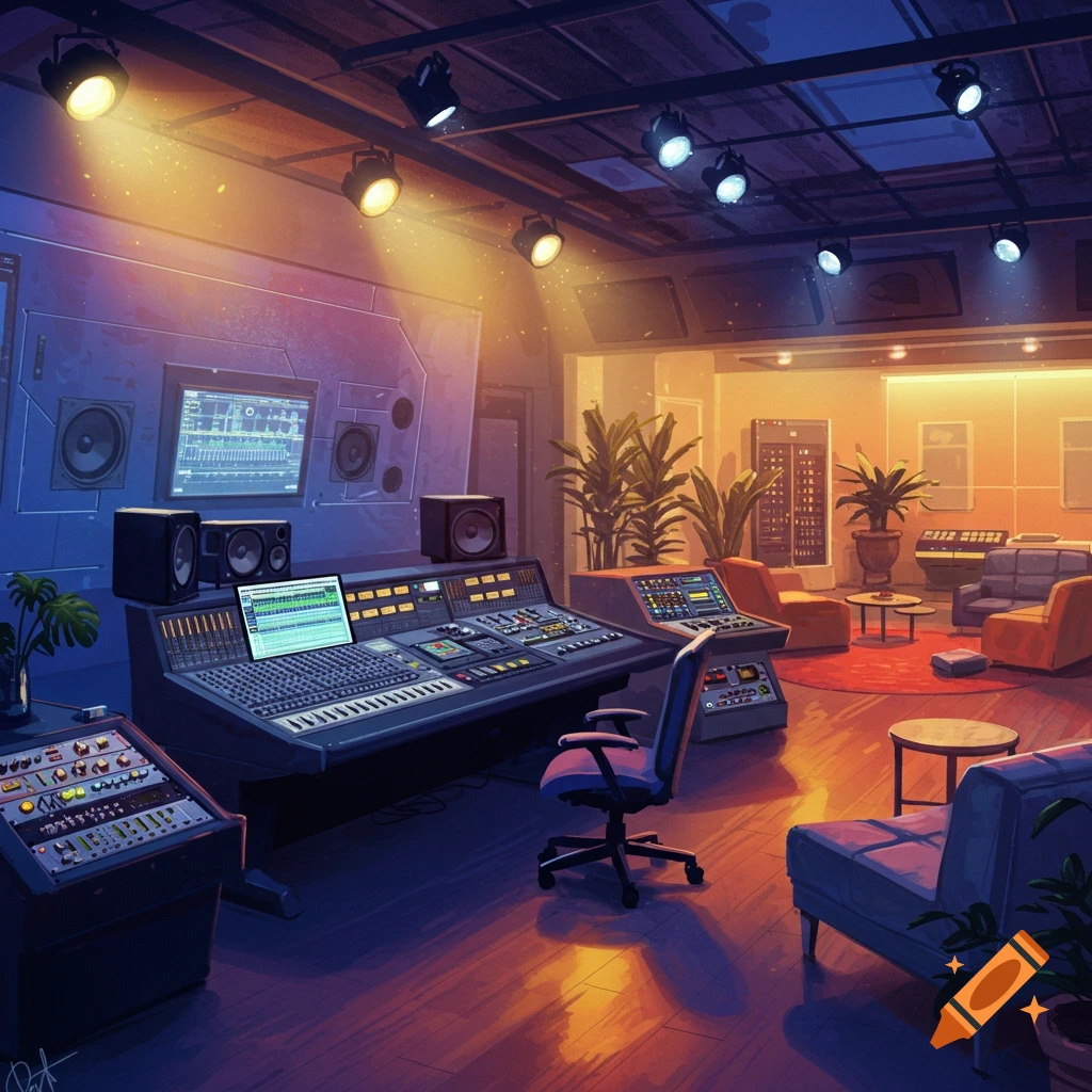 A music studio interior with mixing equipment and a seating area.