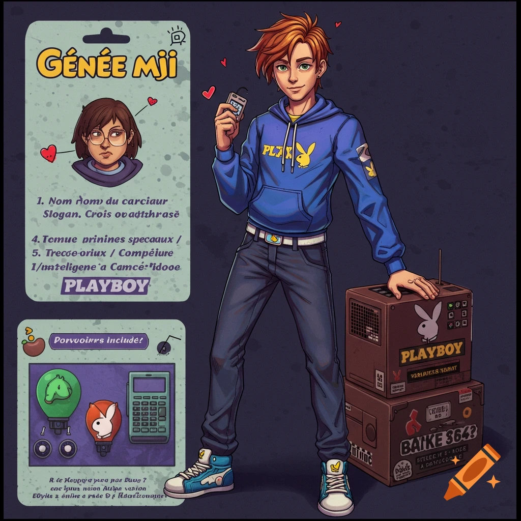 Stylized image of a young man with red hair in a blue hoodie standing next to packaging and boxes.