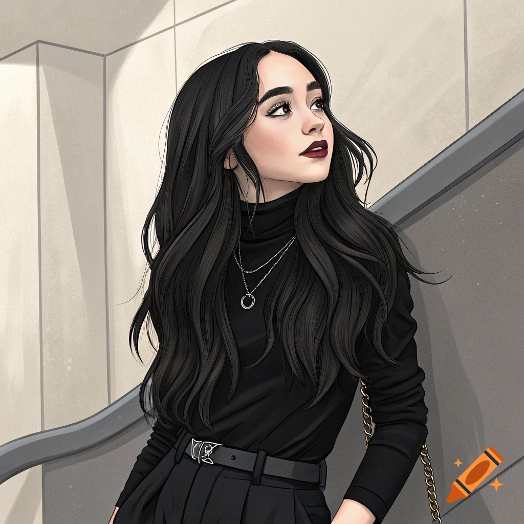 A stylized drawing of a woman with long dark hair in a black turtleneck and dark pants, looking up.