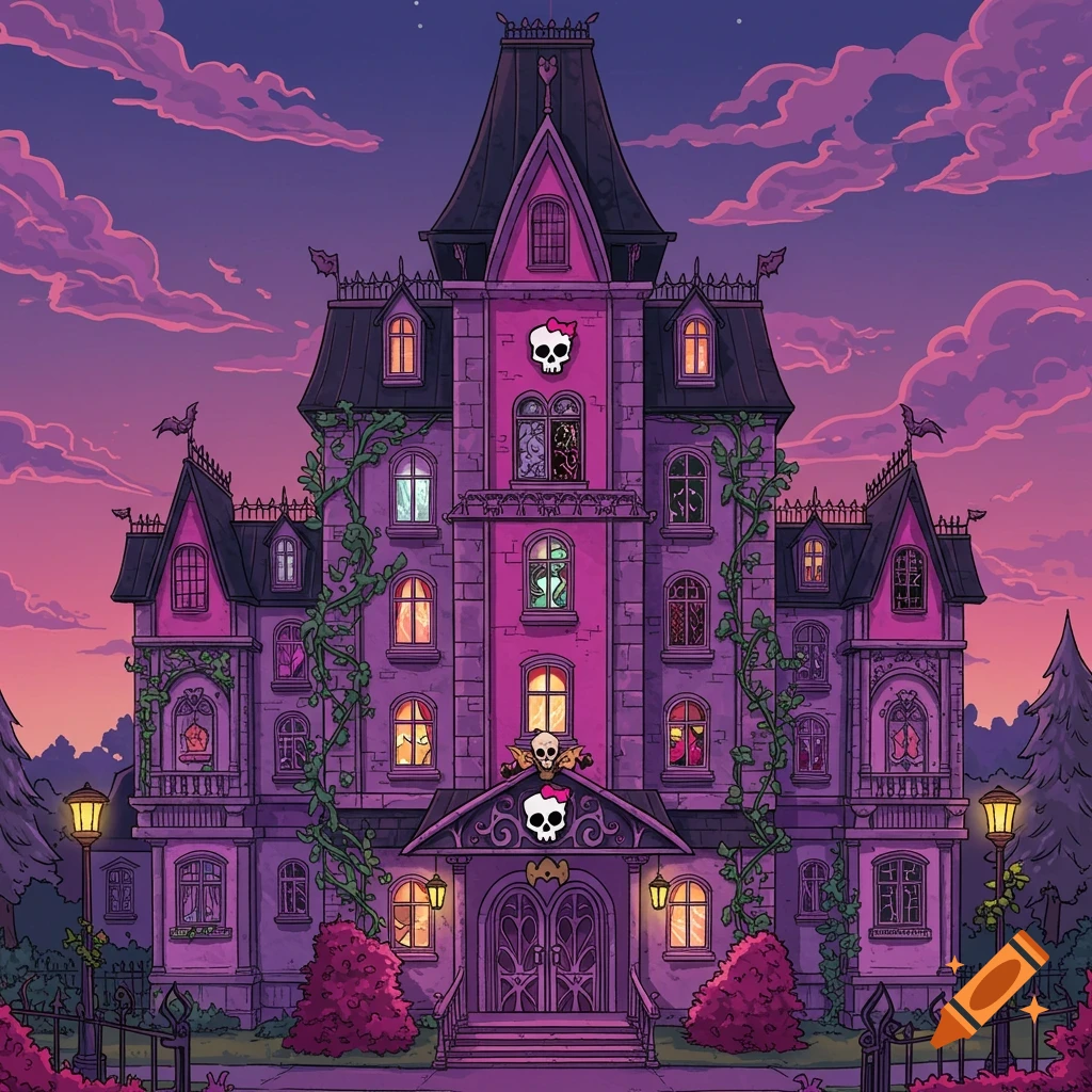A cartoon-style haunted mansion, purple and pink with skull decorations and vines, under a sunset sky.