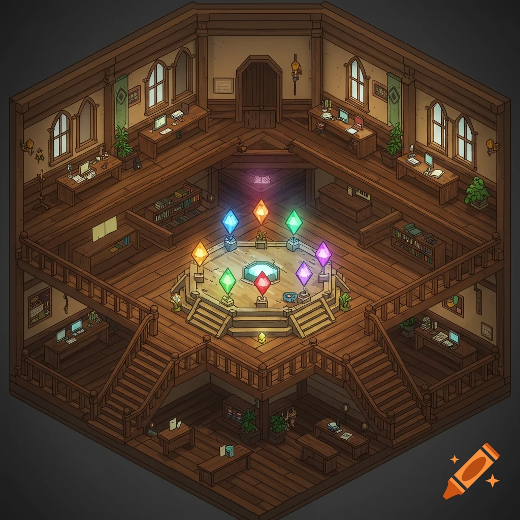 Pixel art isometric view of a multi-level fantasy building interior with a central platform and glowing magical gems.