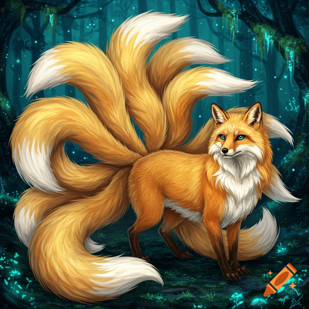 A nine-tailed fox with blond fur stands in a mystical forest setting.