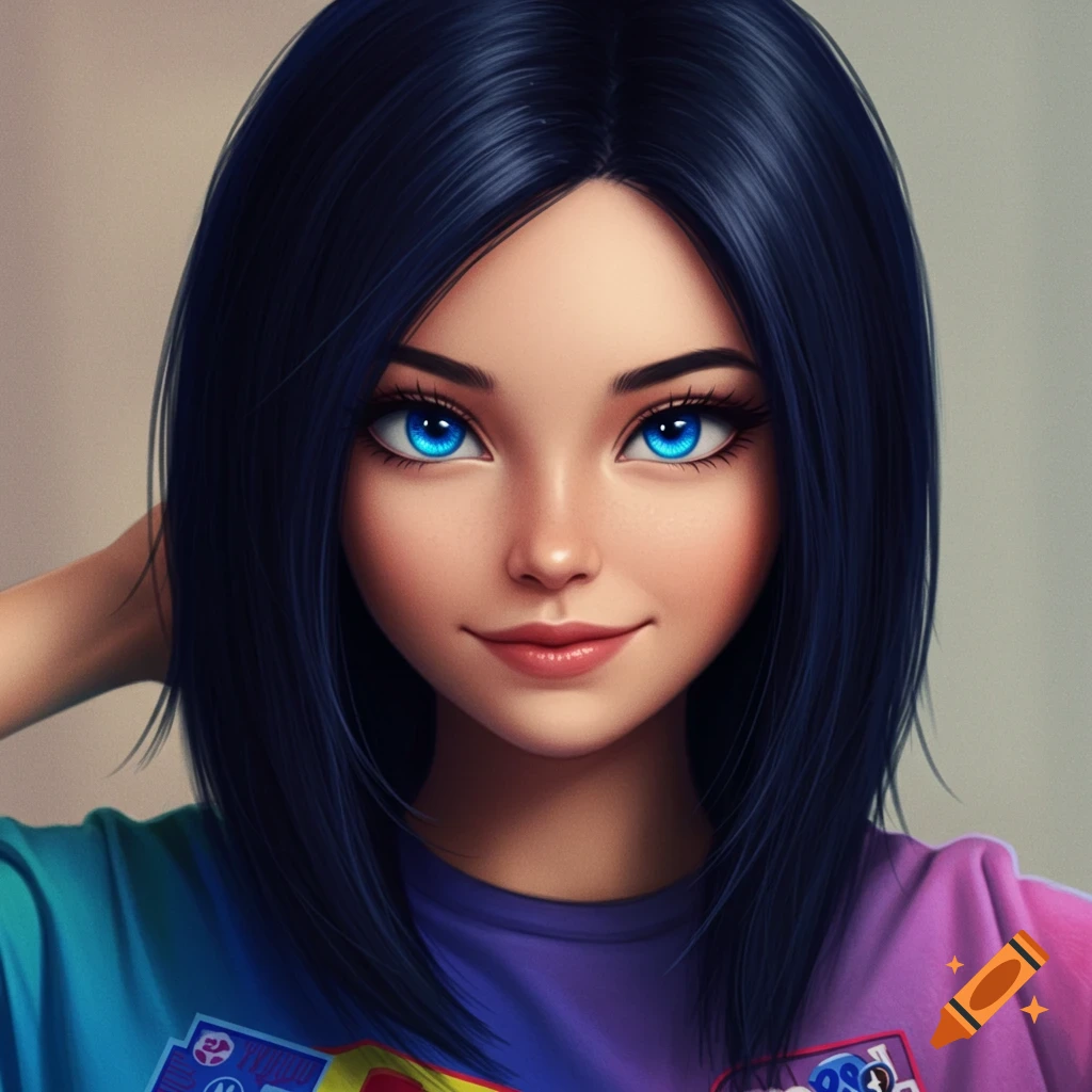 Close-up stylized portrait of a girl with bright blue eyes and dark hair, wearing a colorful shirt.