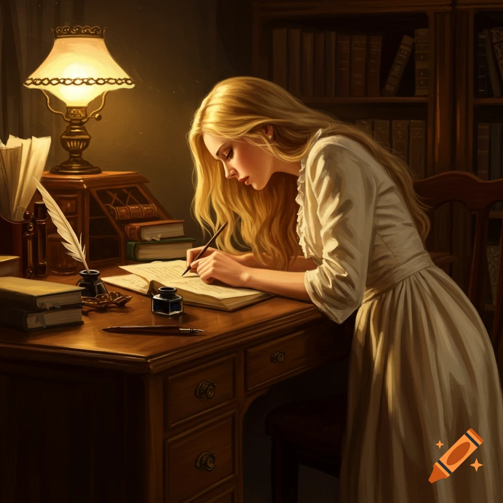 A woman is writing at a desk with a quill and lamp.