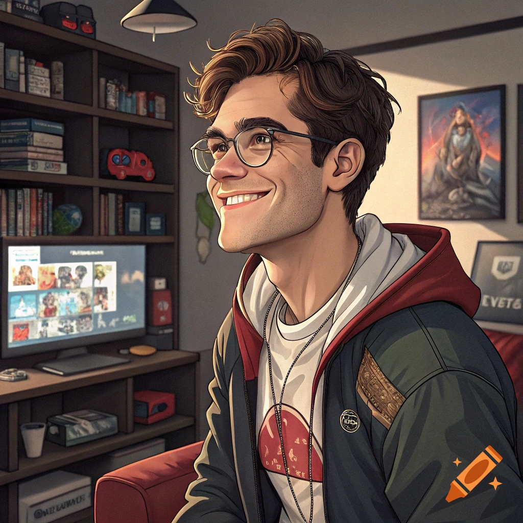 Stylized drawing of a man with glasses smiling and looking up while sitting in a room with a TV and bookshelf.