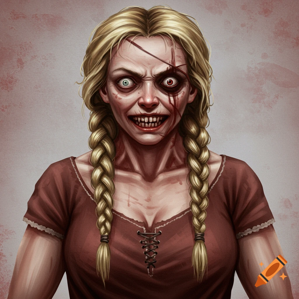A scary woman with blonde braids, scars, bloody face, and distorted eyes.
