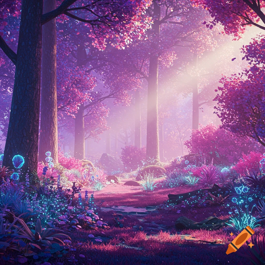 A vibrant, glowing mythical forest landscape with purple trees and luminous plants.