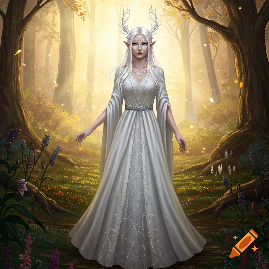 A white-haired female elf with antlers in a white dress stands in a sunlit forest clearing.