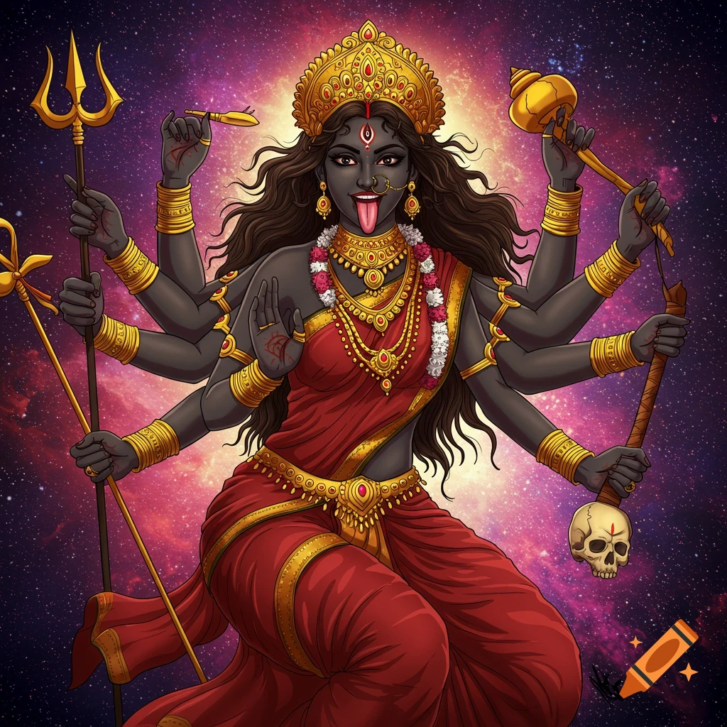 Kali Ma with multiple arms, red sari, crown, and weapons against a cosmic background.