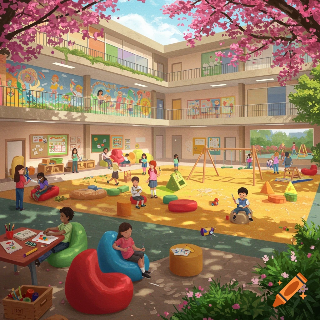 A bustling school courtyard filled with children engaged in play and learning activities.